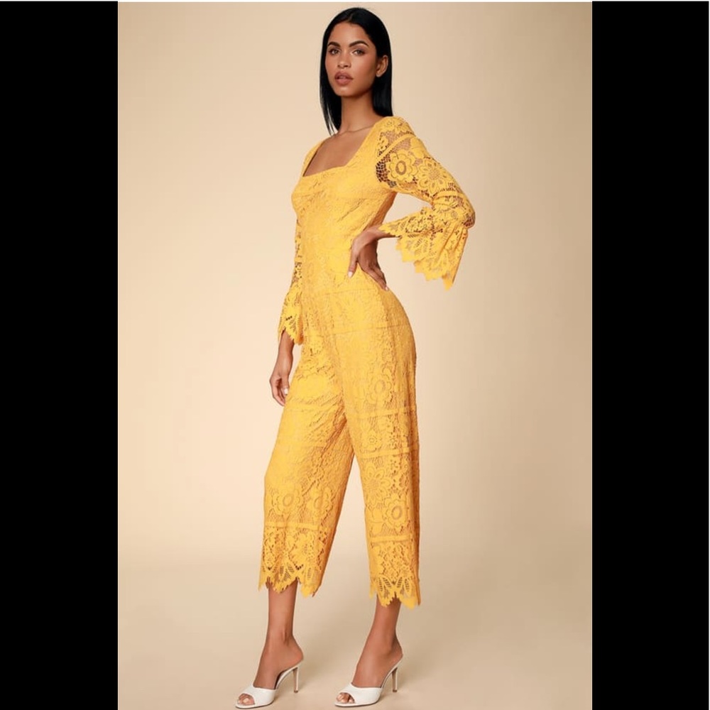 Lulus Golden Yellow Lace Flounce Sleeve Culotte Jumpsuit- Size S